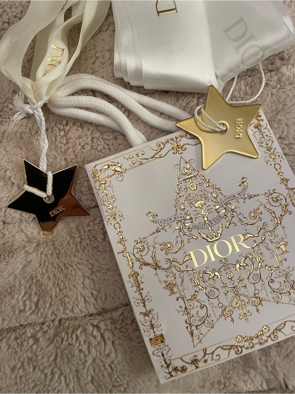 Dior White and Gold Ribbon Gift Set with Star Charms and Christmas bag.